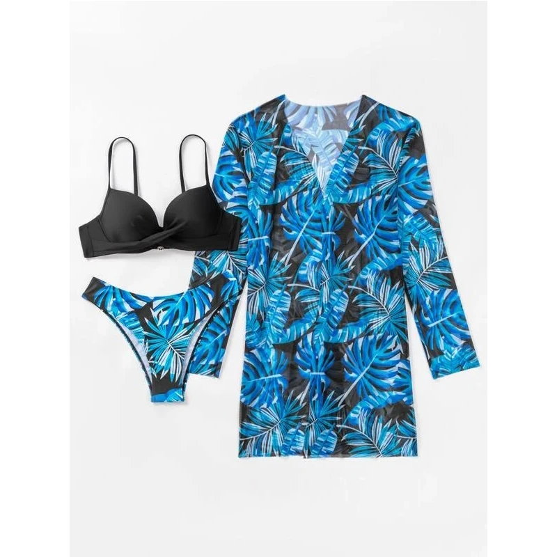 ZAFUAZ 2024 New 3 Piece Push Up Bikinis Set Women Sling Printed Swimwear Bikini Swimsuit Sexy Summer Beach Skirt Bath Suit Dress