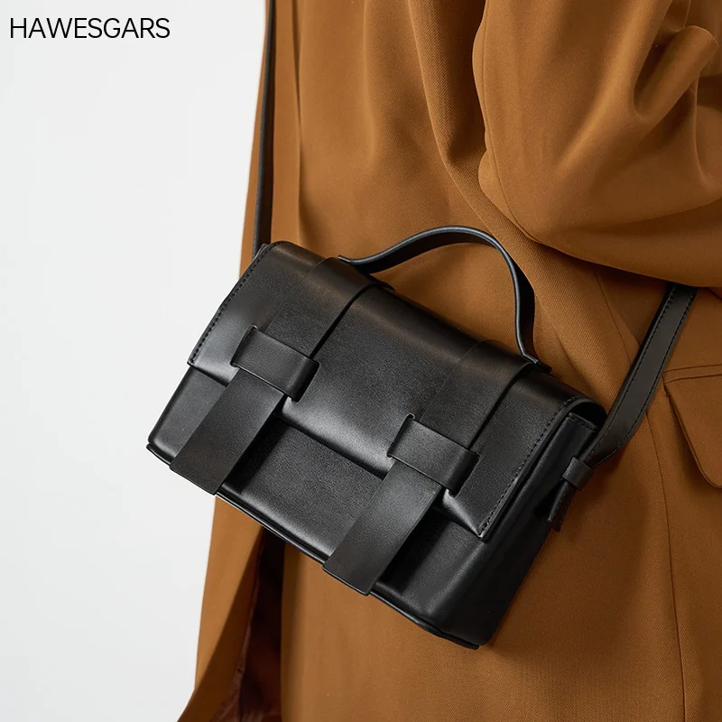 

HAWESGARS New Women's Leather Woven Small Square Bag Simple Fashion Niche Design Cowhide Shoulder Messenger Bag
