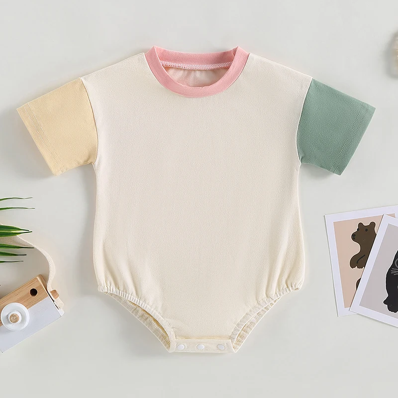 Citgeett Summer Infant Baby Boys Girls Casual Bodysuit Short Sleeve O Neck Contrast Color Playsuit Clothes 2