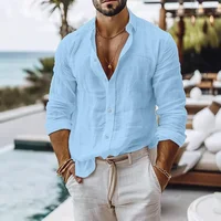 Chemise en coton et lin pour hommes, Style plage d'été, couleur unie, simple boutonnage, chemises respirantes, légères et élégantes, hauts à boutons 2
