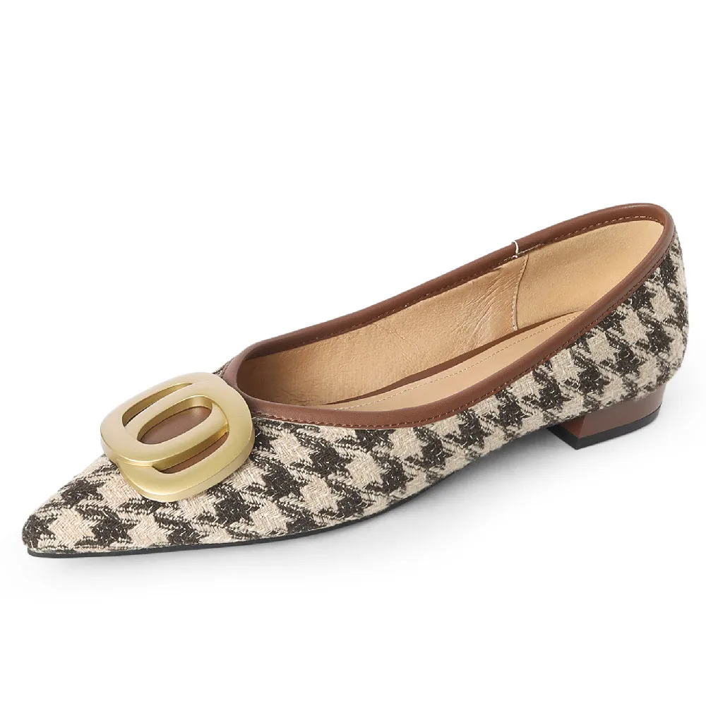 

Women's houndstooth fabric bordered pointed toe slip-on flats daily single shoes metal buckle elegannt ladies slim shoes women
