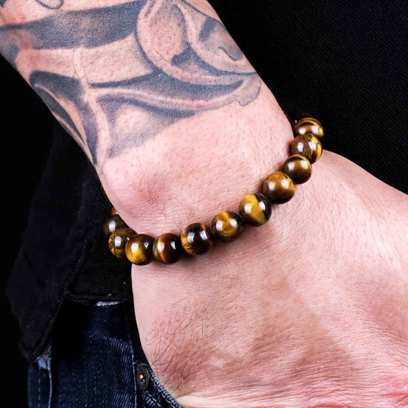 1pc Beaded Bracelet Lovers 0.32in/8mm Natural Stone Beads Men's Black Onyx Lava Tiger Eye For Women/Men Jewelry