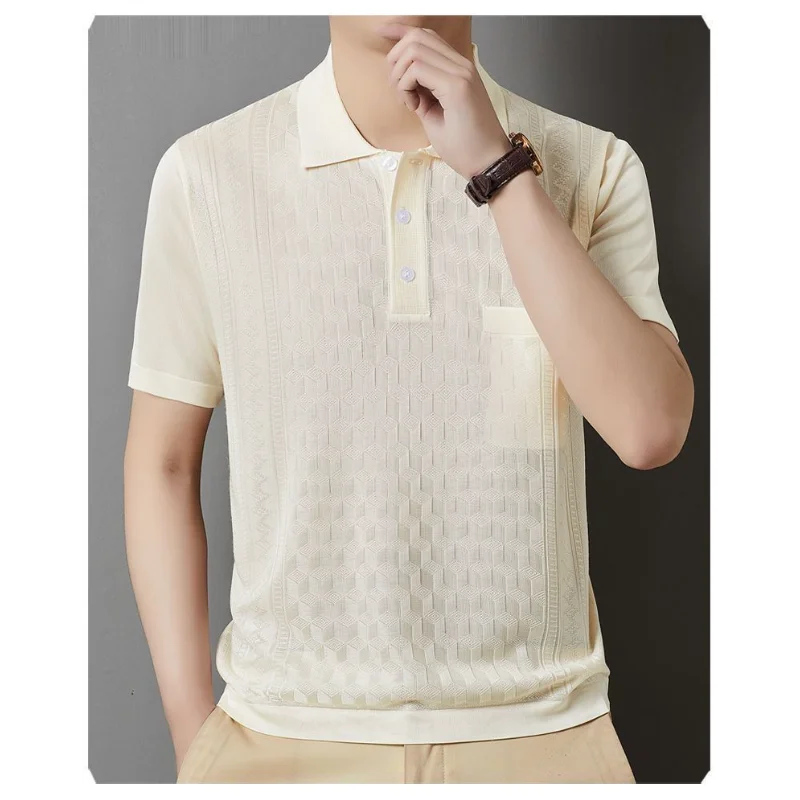 Polo da uomo in maglia jacquard tinta unita con taschino sul colletto, manica corta, elegante, estivo, per affari