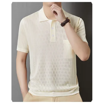 Polo da uomo in maglia jacquard tinta unita con taschino sul colletto, manica corta, elegante, estivo, per affari