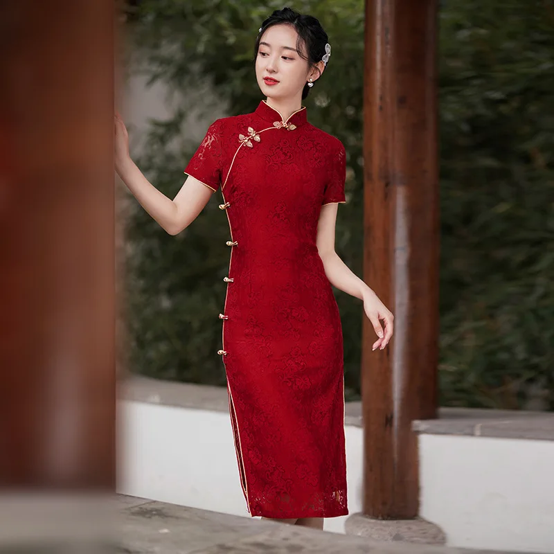 

Traditional Chinese Red Cheongsam Short Sleeve Vintage Improved Women Summer Lace Dress Slim-fit Elegant Qipao