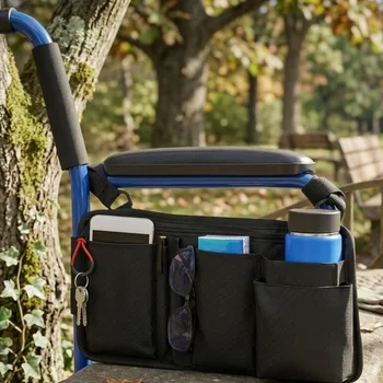 Borsa laterale per sedia a rotelle con portabicchieri, cerniera a presa facile e cinghie regolabili per un fissaggio sicuro