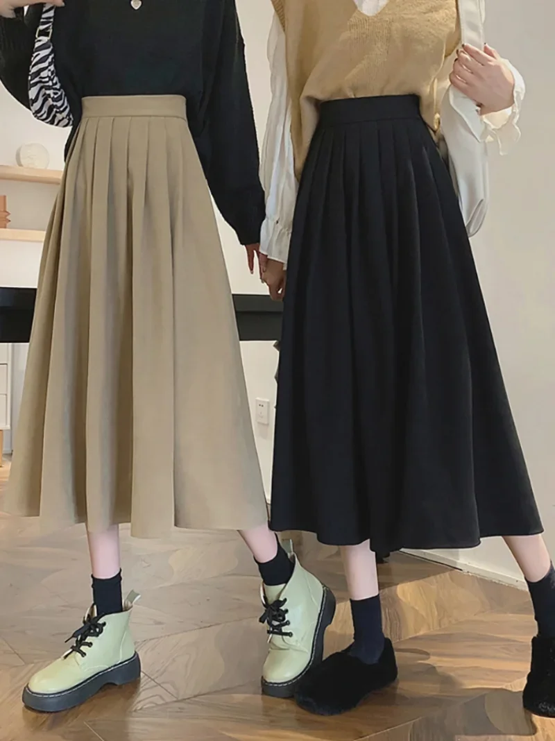 2023 New Pleated Skirt Women Mid-Length 2023 New Early Autumn High Waist Slimming Temperament Skirts Preppy A- Line Skirt Skirt