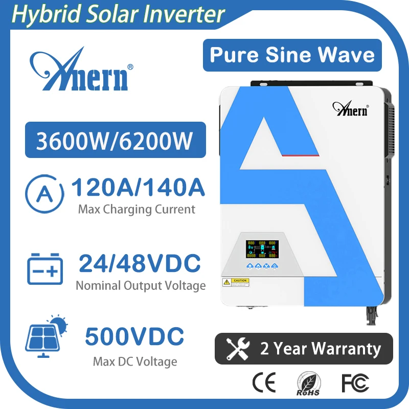 

Anern Hybrid Solar Inverter 3.6KW 6.2KW 24V 48V 220V Off-Grid Inverter MPPT 120A Converter 3600W 6200W Pure Sine Wave Inverter