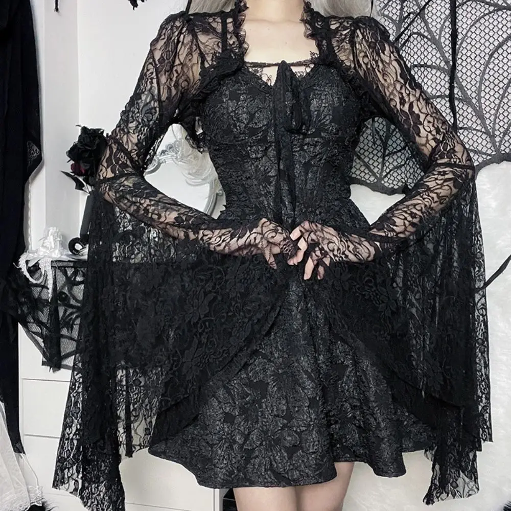

Vintage Gothic Lace T-shirt New Flare Sleeve Sexy Cropped Tops See Through Black Women Streetwear