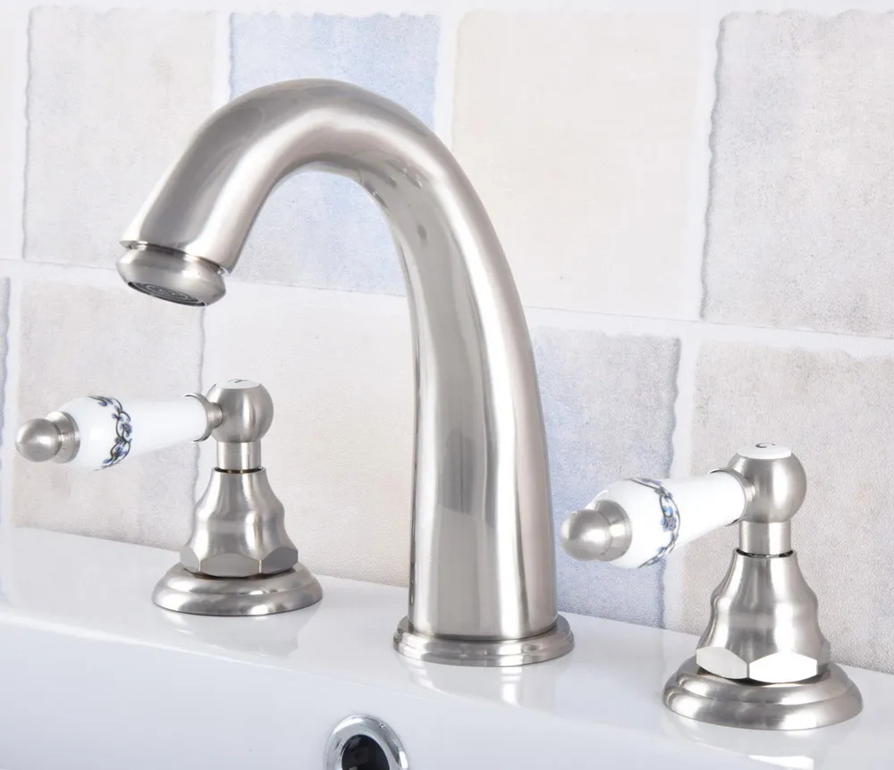 

Brush Nickel Widespread Bathroom Sink Faucet 3 Hole Deck Mounted Dual Handle Hot Cold Water Mixer Tap