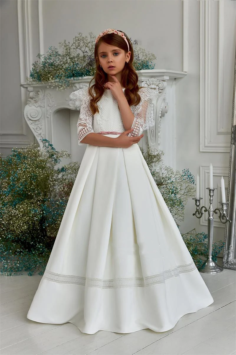 Boho White Flower Girl Dress For Wedding Elegant Satin Half Sleeve Lace Kids Birthday Party Ball Gown First Communion Dress 1