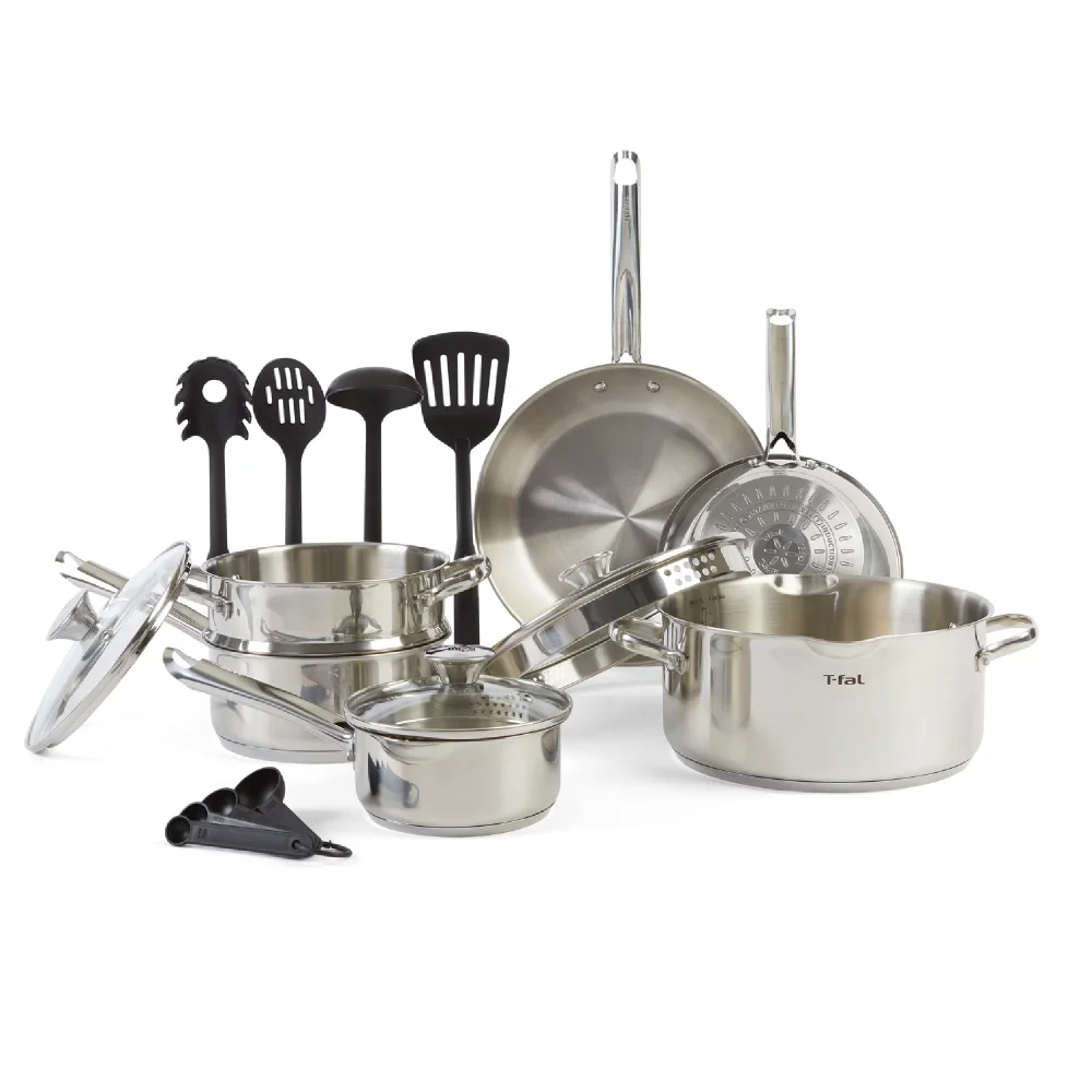 

NEW T-fal Cook & Strain Stainless Steel Cookware Set, 14 Piece Set, Dishwasher Safe