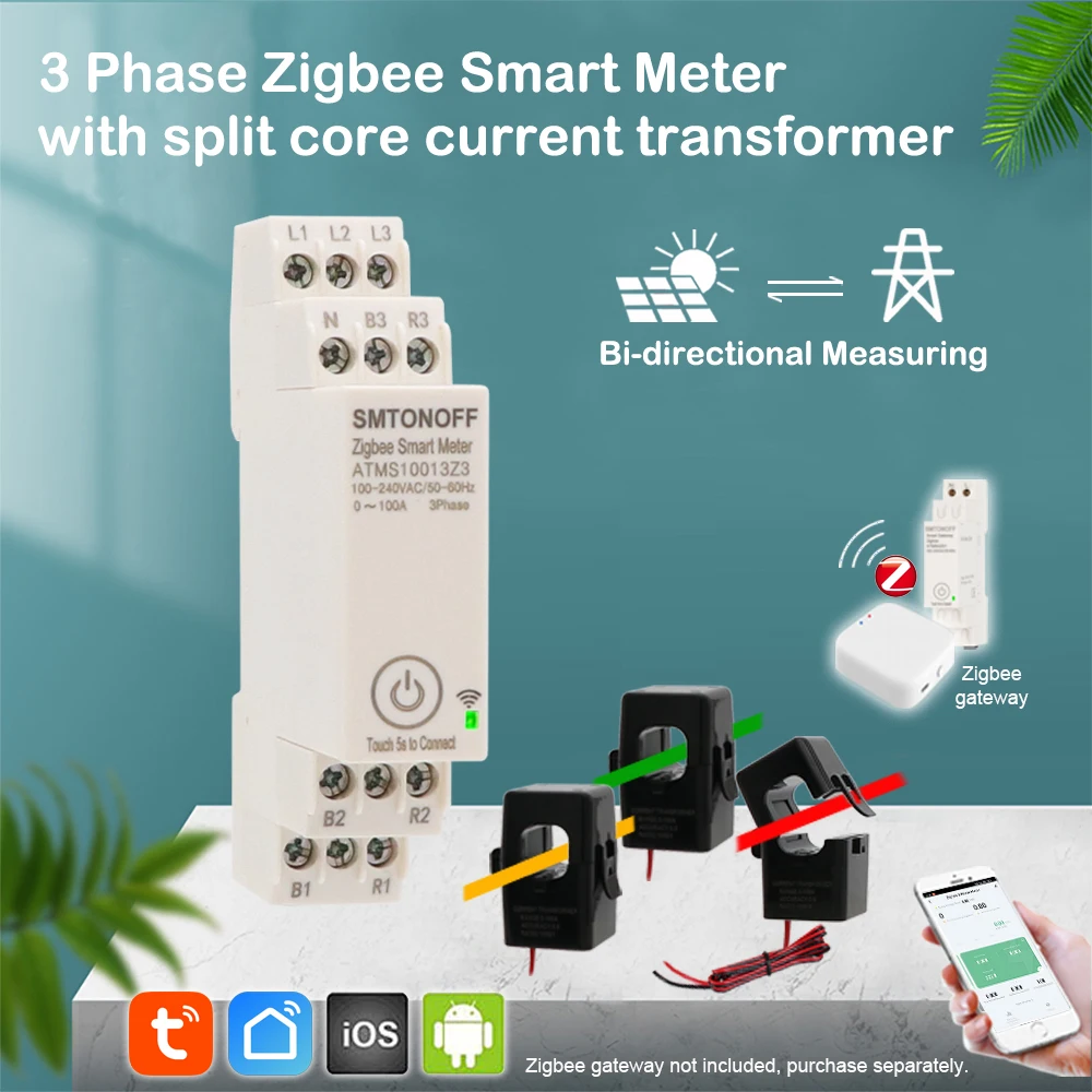 Zigbee Tuya Threee phase 100A Smart Energy Power Monitor with external Current