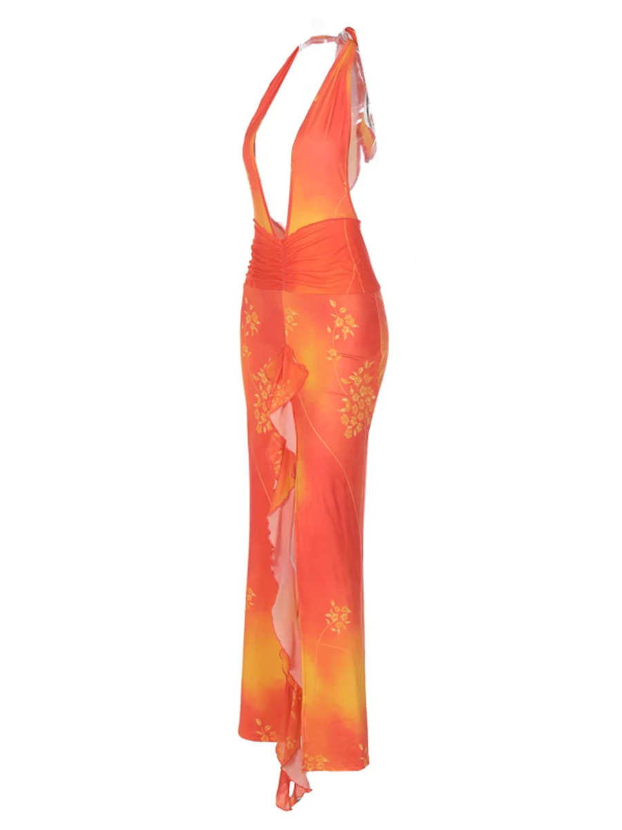 

Women s Floral Print Sleeveless Halterneck Backless Maxi Dress with Ruffled Slit - Elegant Beachwear for a Stylish Look