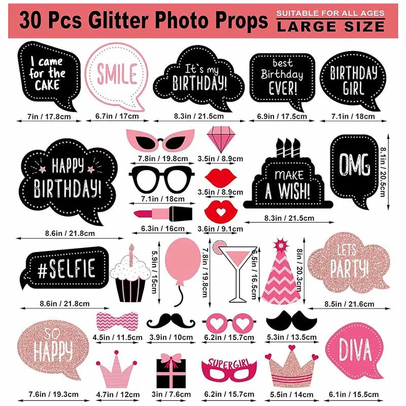 Rose Gold Glitter Birthday Photo Booth Props - Sparkling Party Decorations and Selfie Accessories