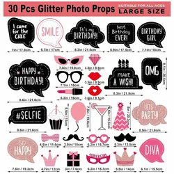 Rose Gold Glitter Birthday Photo Booth Props - Sparkling Party Decorations and Selfie Accessories (Rose Gold 30PCS)