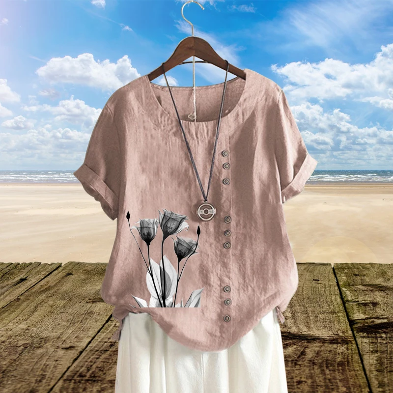 

New Trendy Summer Women Blouse Beautiful Flower Printed Loose T-Shirt Leisure Linen Round Neck Solid Short Sleeve Top XS-5XL