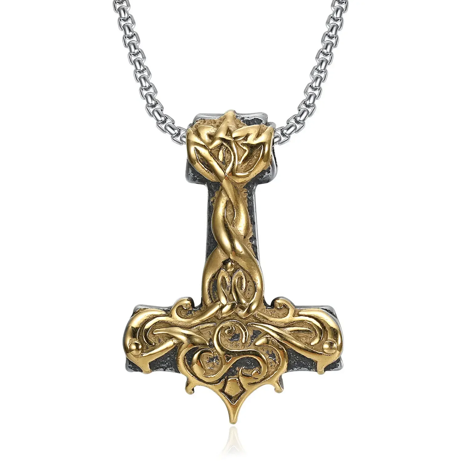 

CHUANGCHENG Vintage Stainless Steel Nordic Viking Mjolnir Thor Hammer Pendant Necklace Chains Jewelry