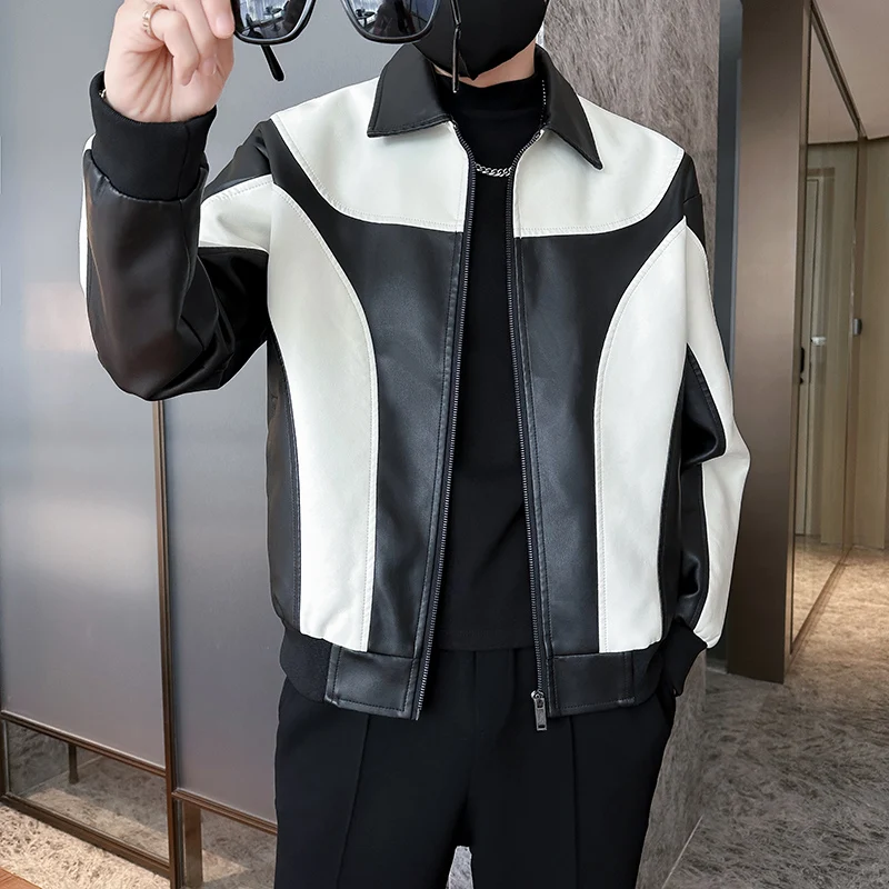 

2023 Winter Fashion Patchwork Leather Jacket for Men Loose Lapel Motorcycle Jacket Hip Hop Streetwear casual Coat Men Clothing
