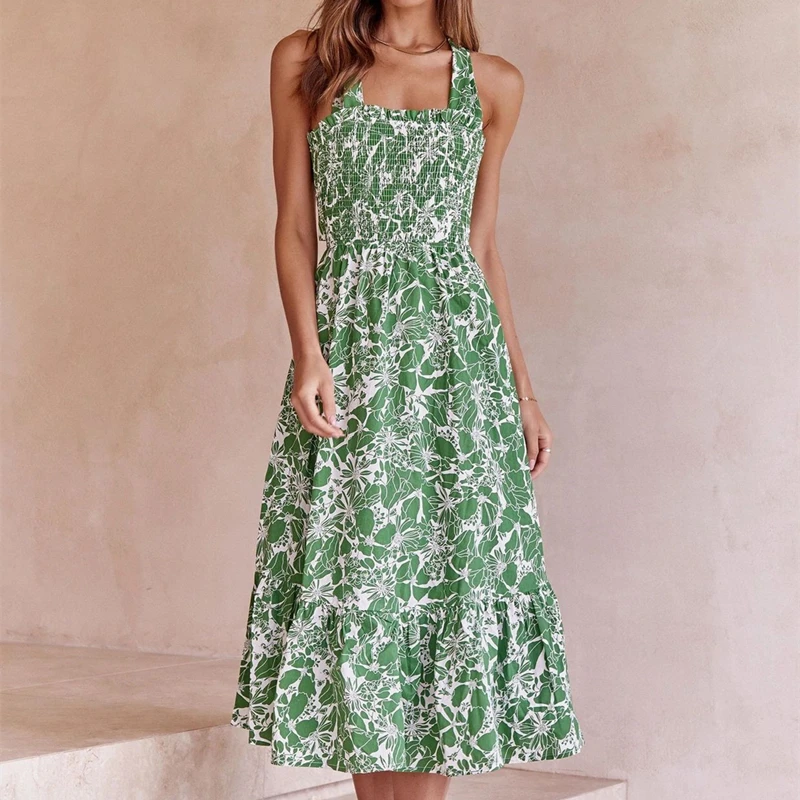

Sexy Sling Dress Casual Sleeveless Print Elastic Waist Elegant Dress