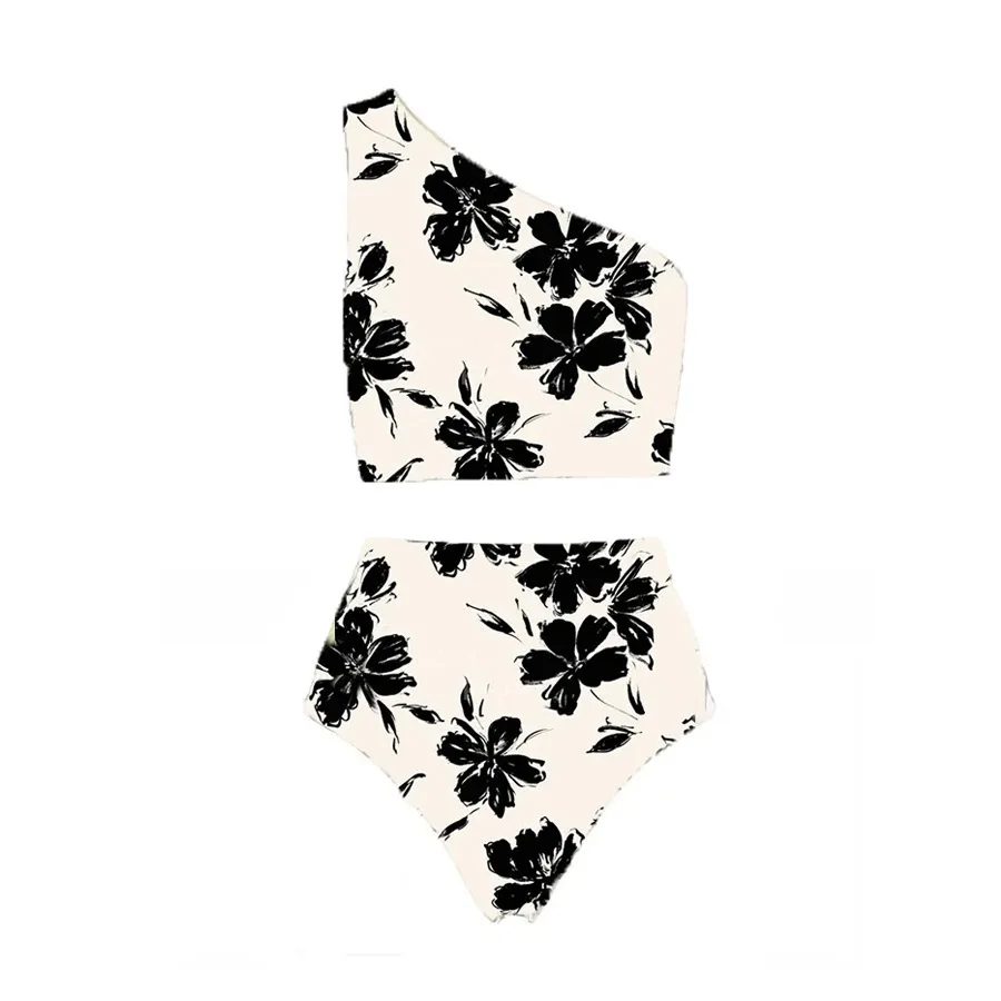 Women's New One-shoulder Swimwear Printed High Waist One-piece Swimsuit Summer Beach Wear Ruffle V-neck Bikinis Cover Up