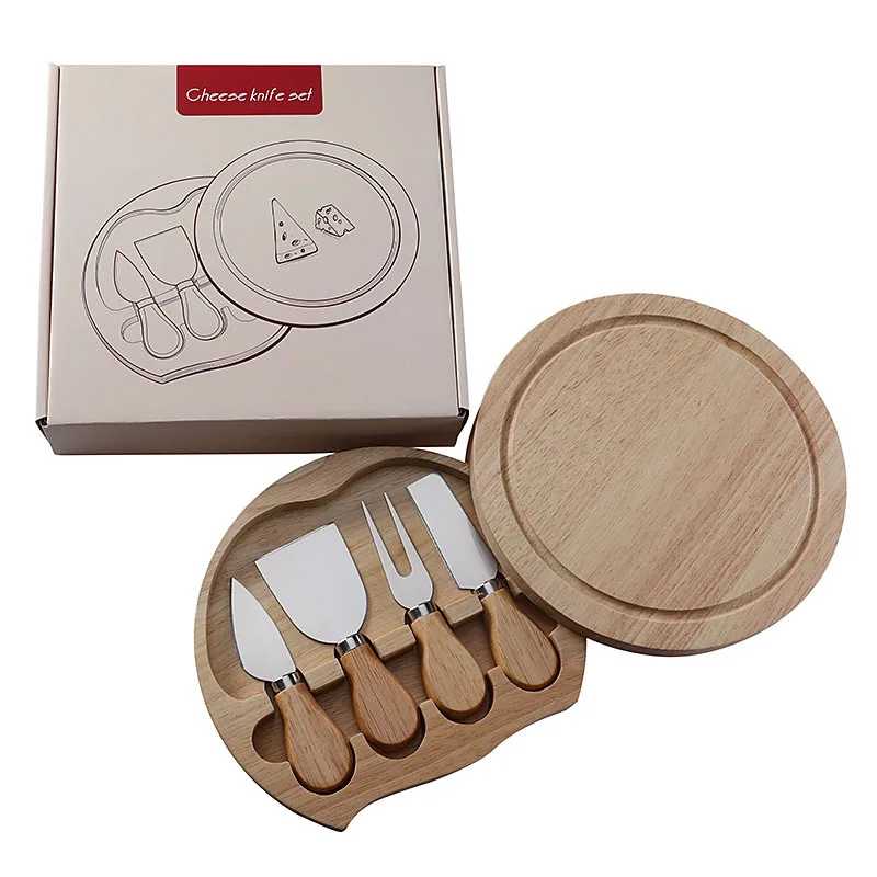 Round Oak Box 4-piece Cheese Knife Spatula Stainless Steel Cheese Tool Tableware Knife Set Gift Box