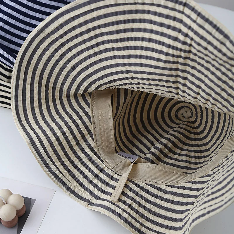 Women's Summer Wide Brim Sun Hat Striped Black & Beige Adjustable Asymmetrical Sunhat Beach Accessories Foldable New