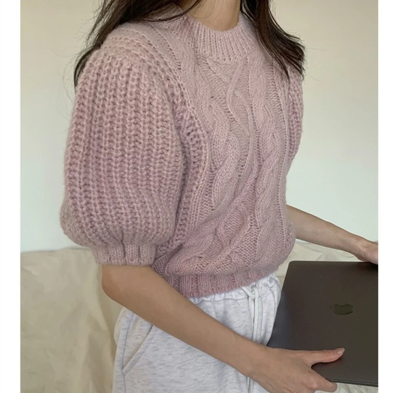 Women Crew Neck Puff Short Sleeve Sweater