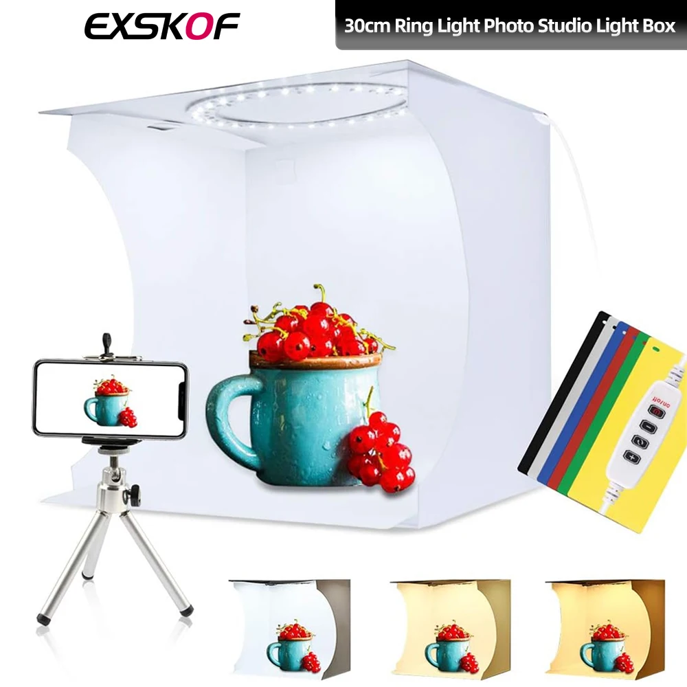 Profession Mini Folding Lightbox 30CM Ring LED Light Adjustable Brightness Shooting Tent Portable Photography For DSLR Camera