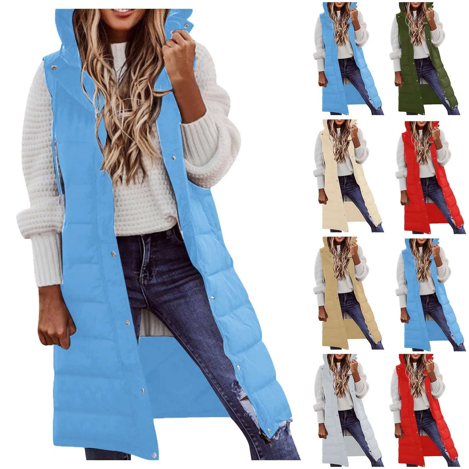 Long Puffer Waistcoat Women Lightweight Single Breasted Solid Color Mid Length Cotton Padded Jacket With Pockets Sleeveless Vest