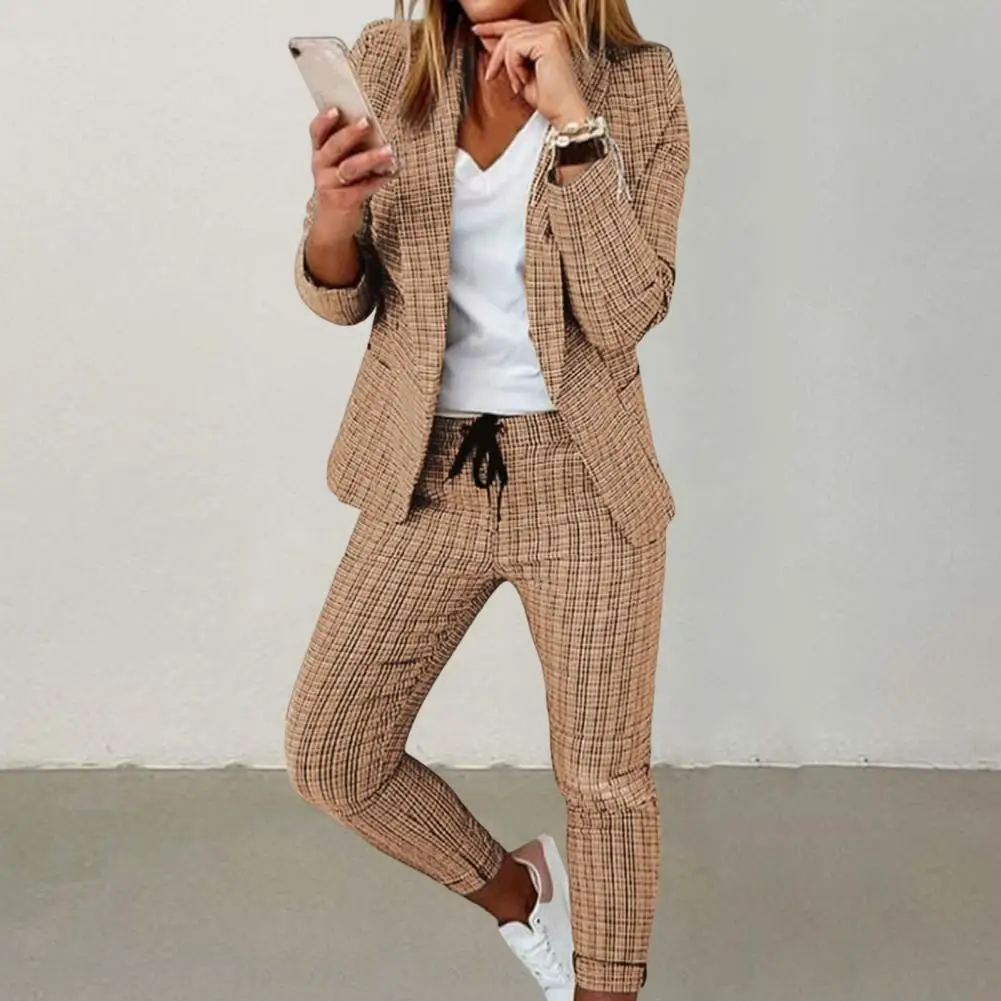 

2 Pcs/Set Women Blazer Pants Turn-down Collar Cardigan Elastic Waist Drawstring Formal Plaid Print Jacket Trousers Suit