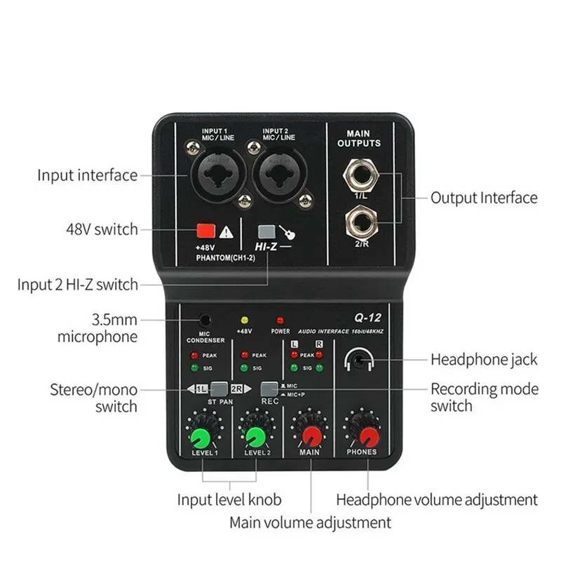 Audio Mixer Q-12 Professional Portable Mixer Sound Card with Monitor for Electric Guitar Live Broadcast Recording Studio Singing Computer PC
