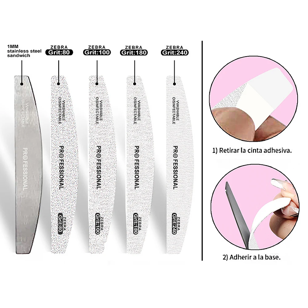 50개/세트 그레이 하프문 전문가용 교체형 네일 파일 (스테인리스 스틸 보드, 일회용 탈착식 사포 패드 포함)