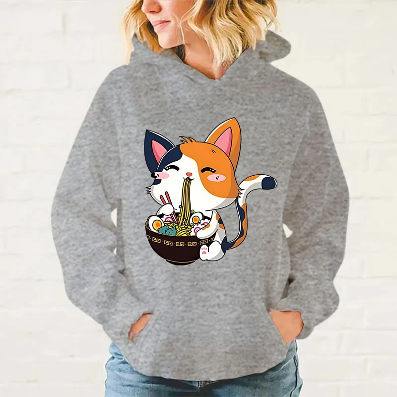 thumbnail image 1 of Sudadera con capucha y estampado de gato Ramen para mujer, moda de otoño, para deportes de ocio, 1 of 5