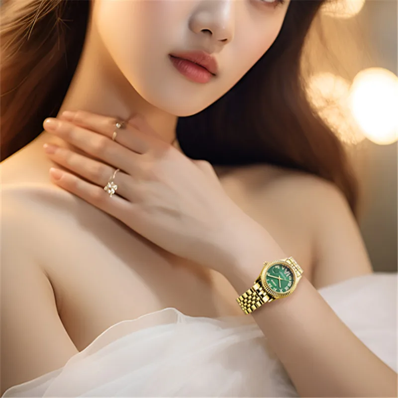 Ladies Big Brand Golden Watches Women Girls Casual Alloy Band Simple Dourado Date Quartz Watch Green Relogios Feminino Fashions 3