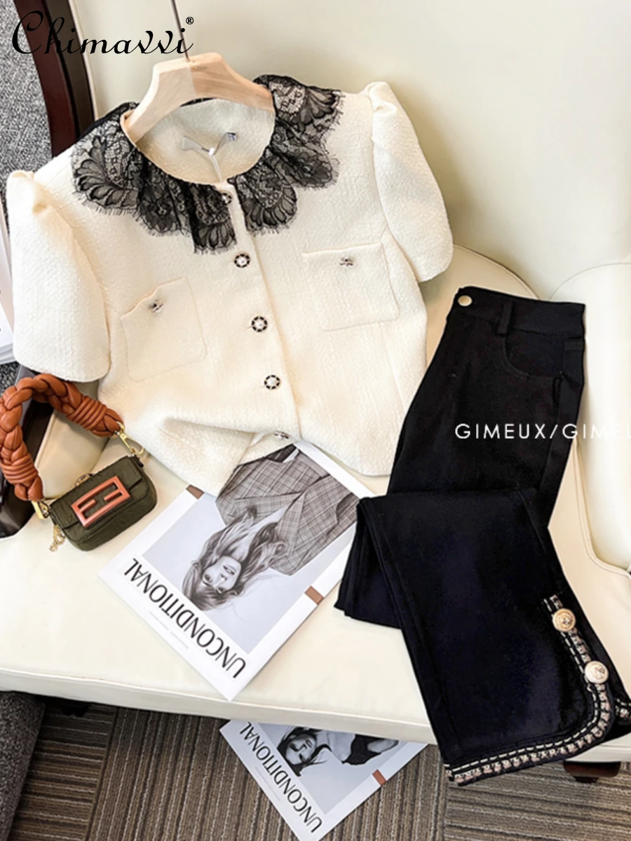 

Fashion Two-piece Suit Women's 2022 Summer New Elegant Lace Office Lady Top Ladies Streetwear Casual Simple Solid Color Pants