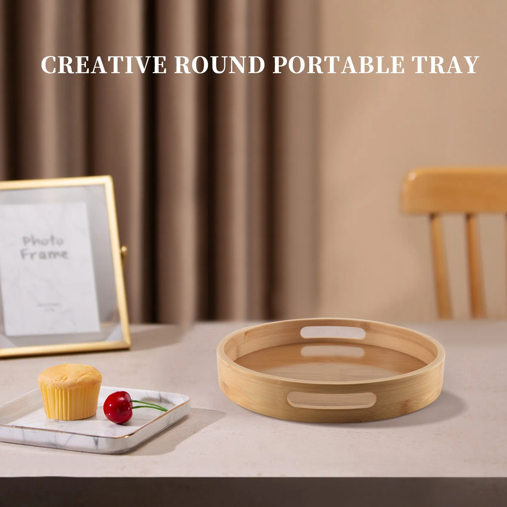 Round Serving Bamboo Wooden Tray for Dinner Trays Tea Bar Breakfast Food Container Handle Storage Tray  1 2