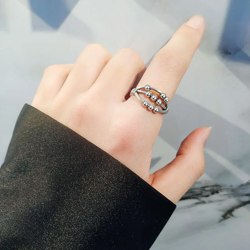 KOFSAC Thai 925 Sterling Silver Jewelry Adjustable Ring Vintage Trendy Rotate Beads Rings For Women Chic Relieve Stress Gift 3
