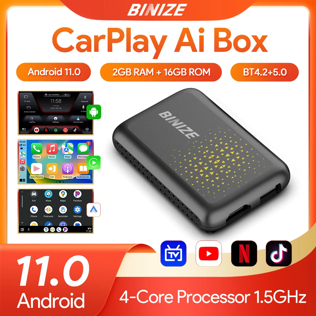 

Binize CarPlay Ai Box Android 11.0 Wireless CarPlay Android Auto Adapter with HDMI For Toyota VW Jeep Hyundai