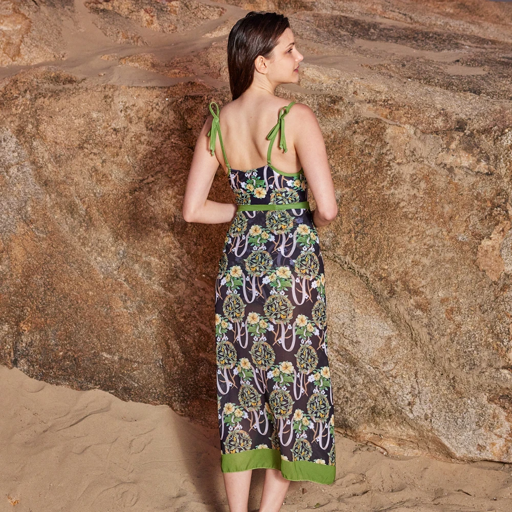 SUNSIREN Boho Print One-Piece Swimsuit Women Vintage Ruffle Backless Swimwear With Cover Ups Two Pieces Beach Wear 2024 Summer