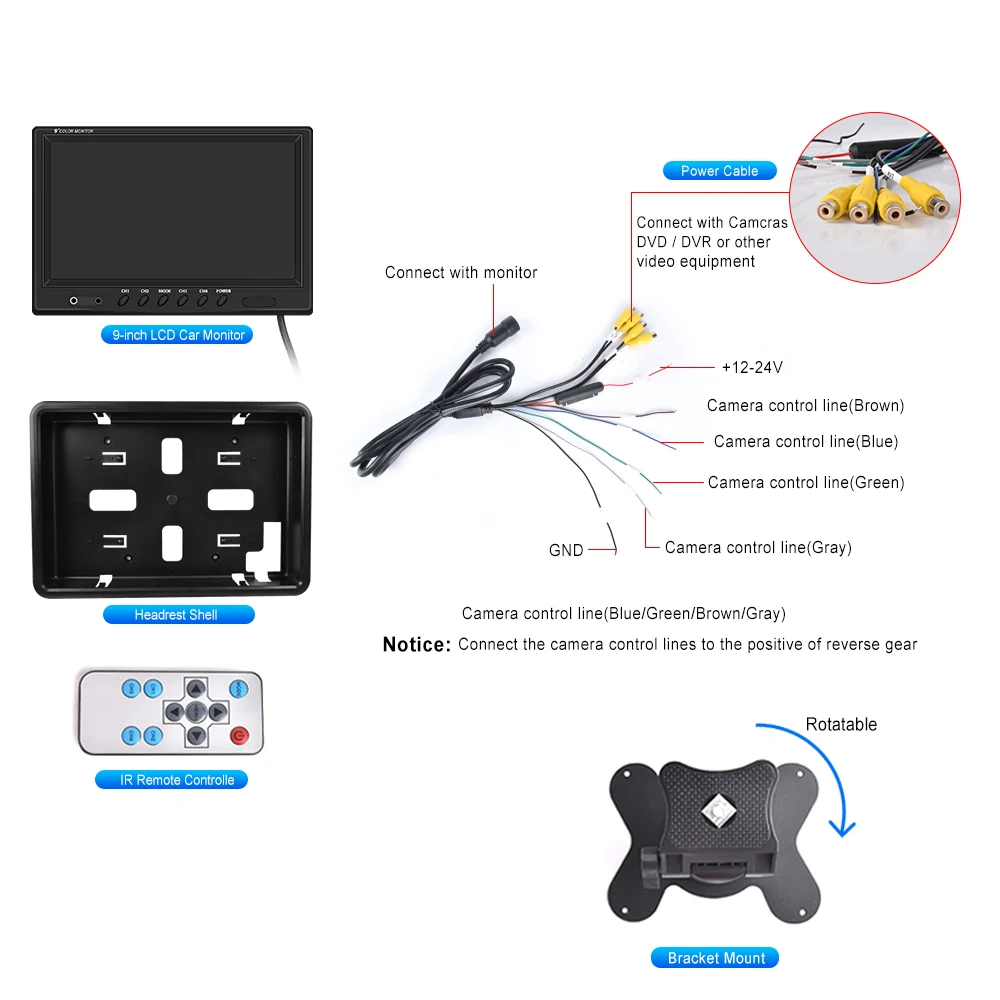 Camecho 9 inch 4 Split Screen Car Monitor 12V / 24V Headrest Rearview Monitor With RCA Connectors 6 Mode Display Remote Control