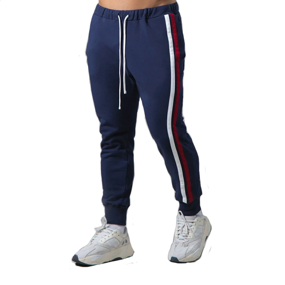 

Мужские хлопковые штаны для бега, тренировочные штаны в темно-синюю полоску, уличная одежда, повседневные спортивные брюки, тренировочные штаны для фитнеса