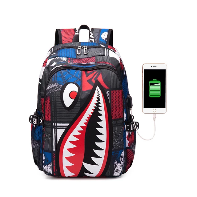 Fashion Shark Men's Backpack USB Charging Boy's Student Computer