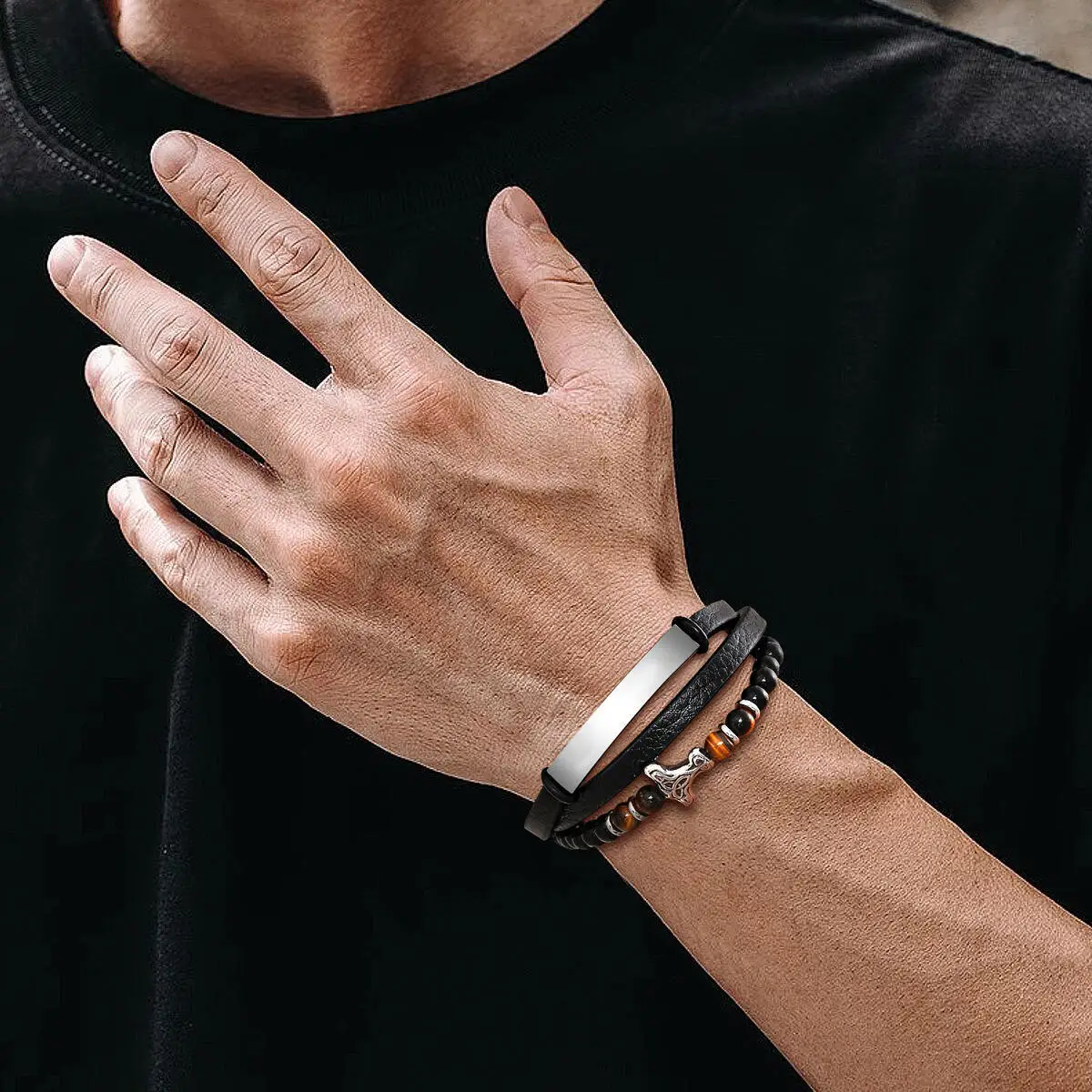 Men's Viking Thunder Hammer Leather Bracelet,Stainless Steel Full Light Curved Metal Bar,Black Microfiber Leather Wristband Gift