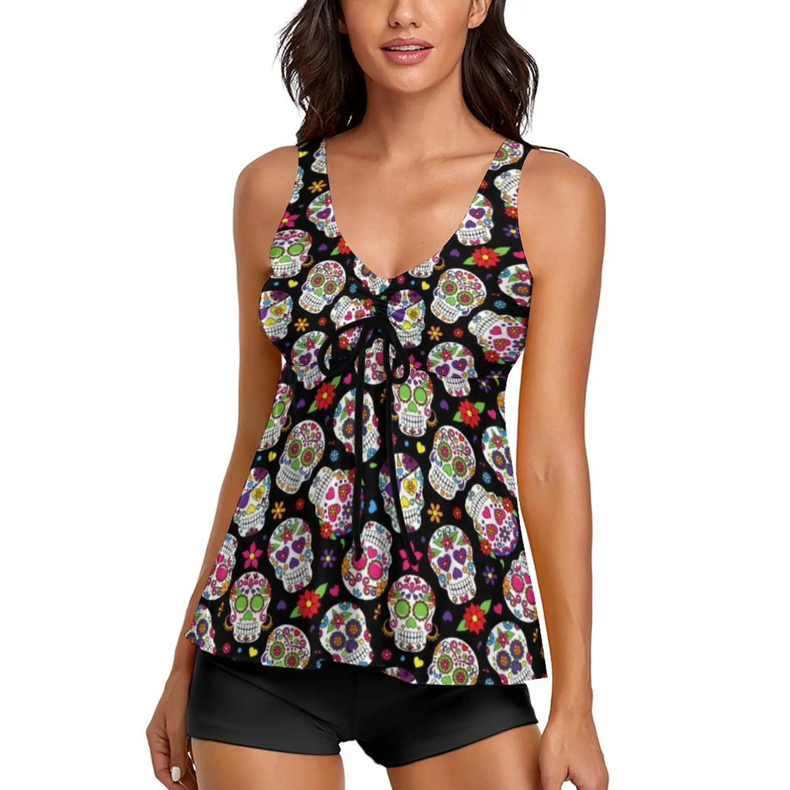 

Mexican Sugar Skull Tankini Swimsuit Colorful Skulls Floral Print Rave Swimwear Two Piece Bathing Suit Beachwear Plus Size 5XL