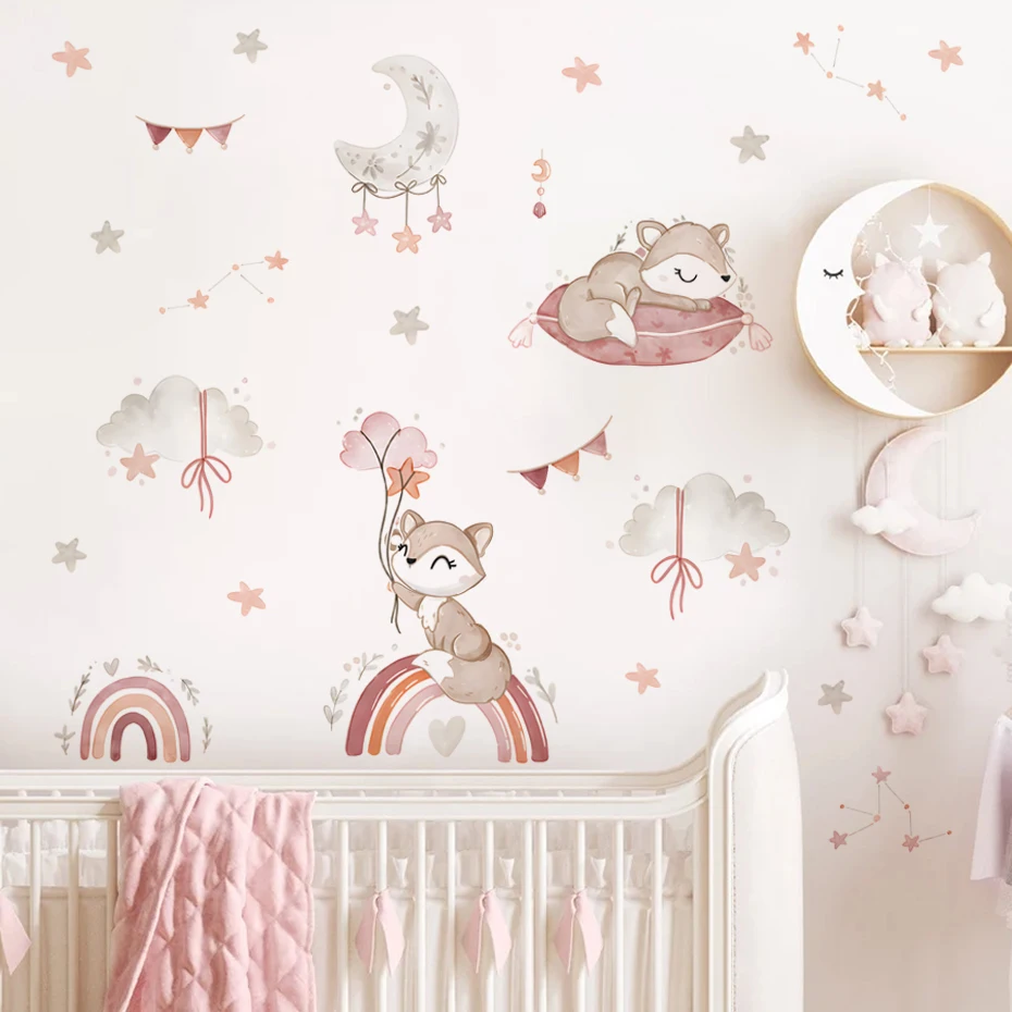 

Pink Cartoon Cute Fox Rainbow Cloud Moon Star Watercolor Nursery Stickers Wall Decals Art Print Kids Girls Room Home Decor