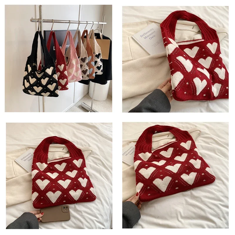 Heart Knit Women's Bag Y2K Crochet Rope Shoulder Bag Knitted Eco Bag Korean Shopping Female Knitting Handbag Hook Tote Side Bag