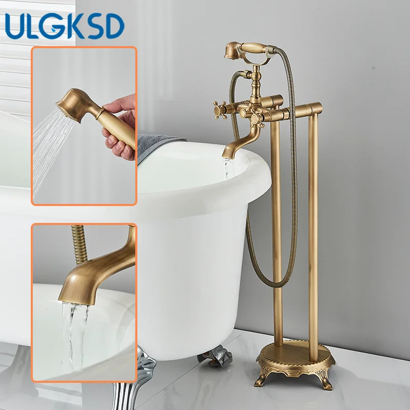 Floor Standing Double Tube Double Handle Bathtub Faucet Set for Bathroom With Rainfall Handshower Tub Faucet Freestanding Crane 5