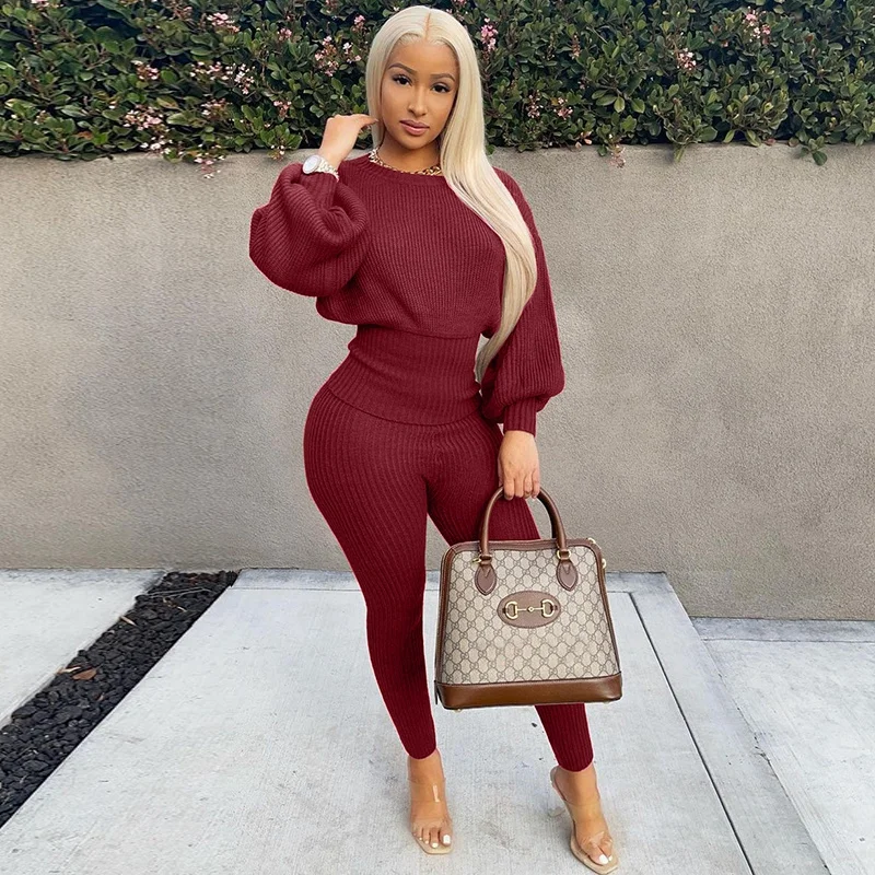 

Solid Knitted 2 Piece Set for Women Winter Clothes Batwing Sleeve Corset Sweater Tops and Pants Matching Sets Casual Outfits