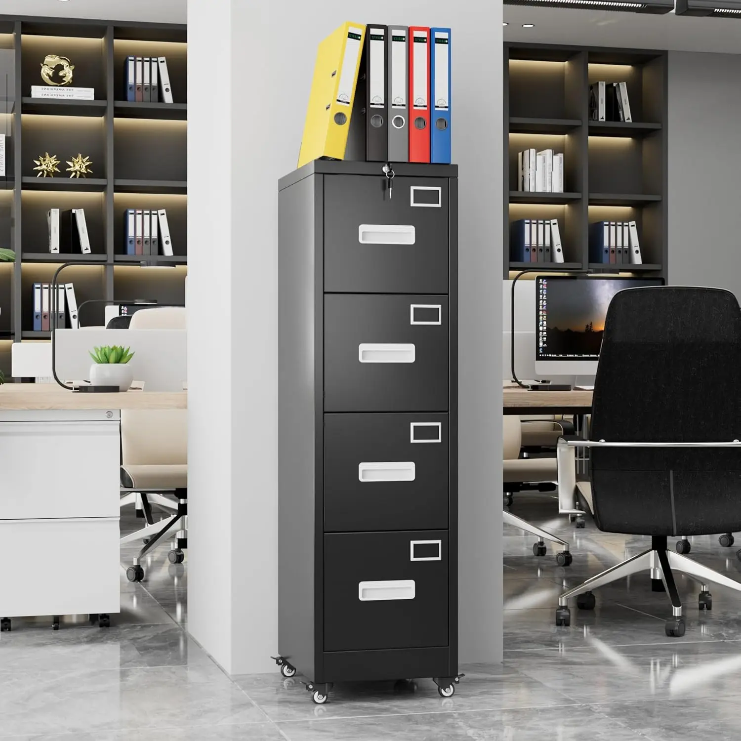 File Cabinet 4 Drawer with Wheels,Lockable Office Metal Filing Cabinet with Name Card for Office and Home,Assembly Required,